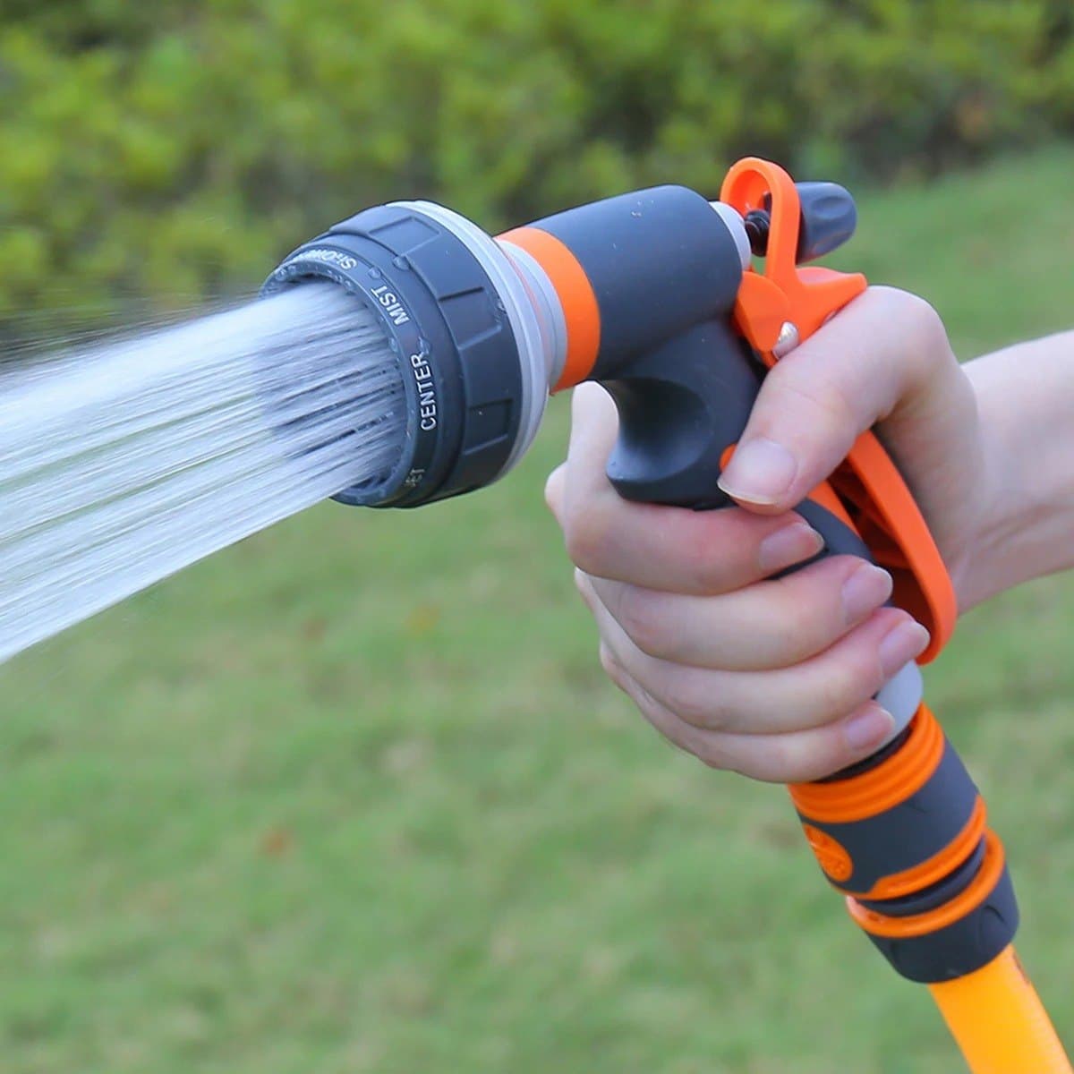 8-Pattern Garden Hose Spray Gun with Connectors — Grey/Orange, photo 4