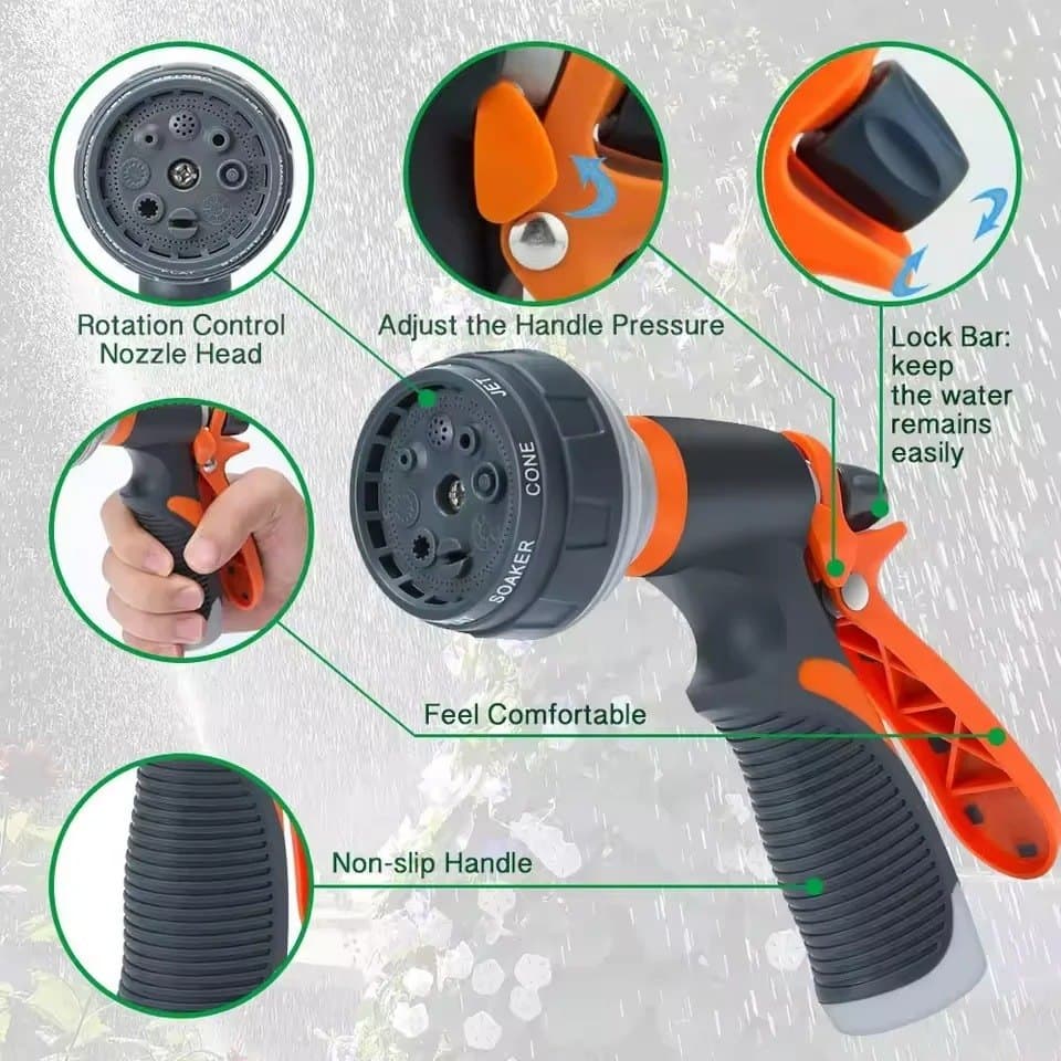 8-Pattern Garden Hose Spray Gun with Connectors — Grey/Orange, photo 6