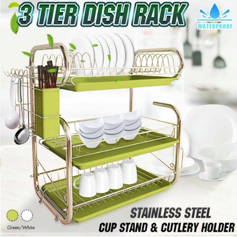 3-Tier Dish Drying Rack with Cutlery Holder — Green, photo 4